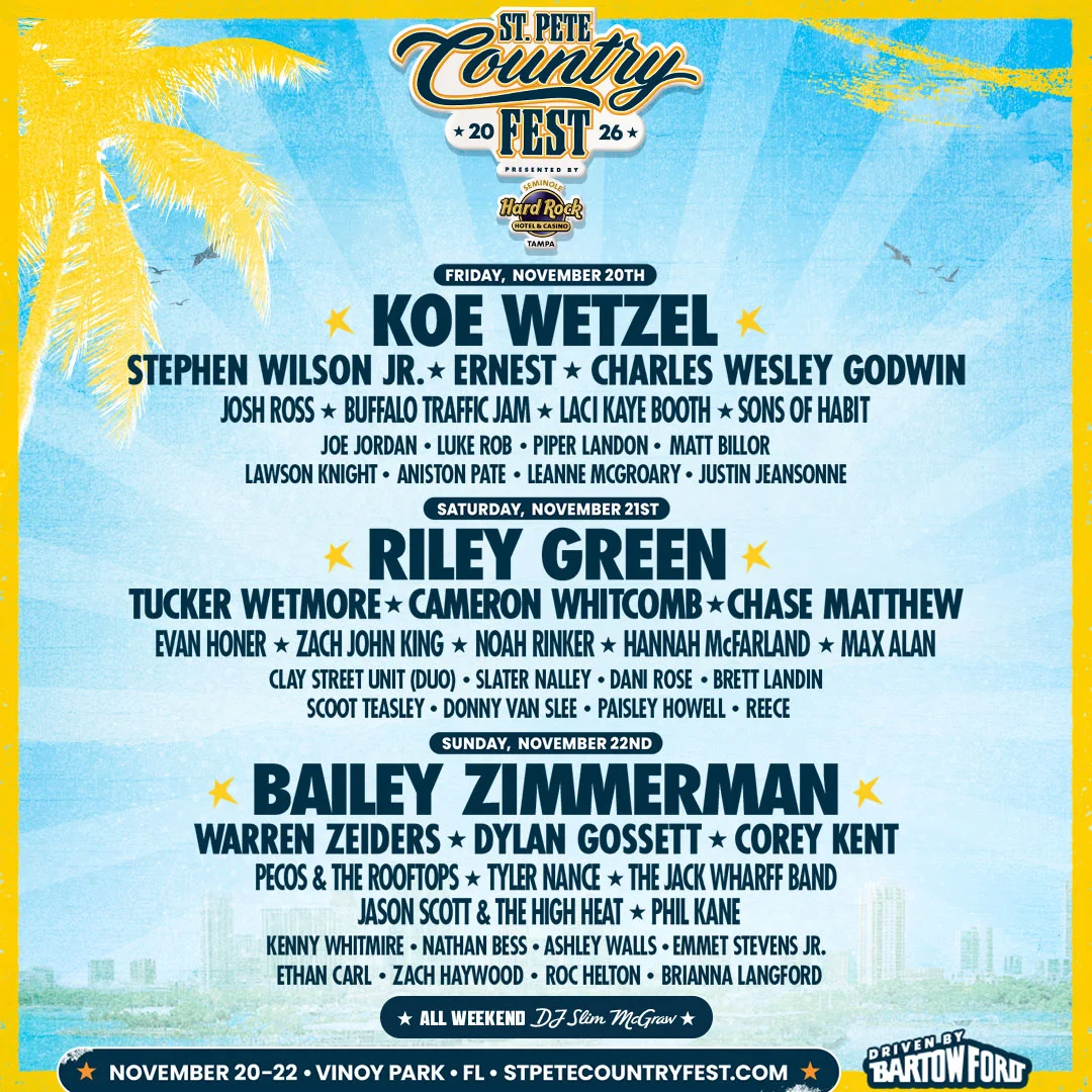 St. Pete Country Fest 2026 full lineup, November 20–22 at Vinoy Park